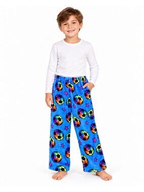 Boys Fleece Pajama Pants Size 5/6 Blue Rainbow Soccer Ball Plush Sleepwear, NEW